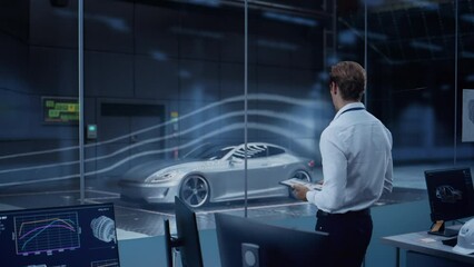 Wall Mural - Engineering Research Agency Perform Aerodynamic Testing with a Modern Eco-Friendly Electric Sports Car in a Wind Tunnel. Chief Development Officer Works on a Tablet and Changes Testing Options.