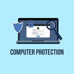 Poster - Computer protection and security concept vector. Laptop virus scan and information security illustration. Magnifying glass searching for computer virus and protective shield. Spam login security.