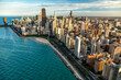 Aerial Chicago skyscrapers Oak Street Beach Lake Michigan