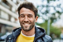 Handsome Hispanic Man With Beard Smiling Happy Outdoors
