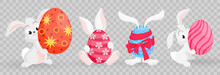 Set Of Cute Colorful Easter Rabbits , Easter Symbol Vector Collection. Collection Of Cartoon Easter Bunnies, Spring Festive Animals. Vector Illustration On PNG Background. 