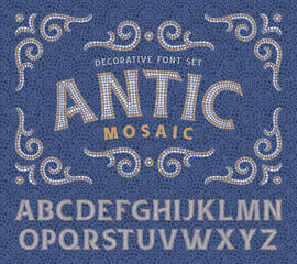Wall Mural - Antic Mosaic vector font set with decorative ornate and seamless pattern
