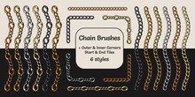 Metallic Chain Pattern Brushes With Corners, End And Start Tiles In Vintage Style. Gold, Silver, Bronze, Brass And Black Versions. Isolated On White And Black Background.