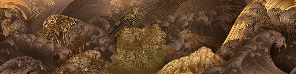 line art design of waves, mountain, modern hand-drawn vector background, gold ink pattern. minimalis