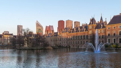 Wall Mural - 4k time lapse of sunset and blue hour at the The Hague government building of the Netherlands