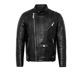 Black leather biker jacket from python skin isolated on white