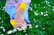 Close up child barefeet with dandelions yellow flowers on fresh green grass. Summer spring season concept Easter village countryside. Copy space enviroment garden natural