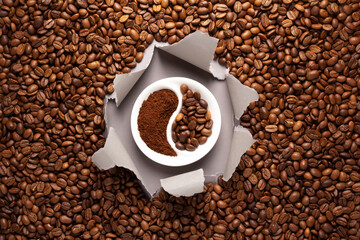 Poster - Coffee beans at grey torn package paper. Coffee bean backround