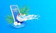 Songkran festival Thailand water splash on a smartphone. Water floating away from stainless bowl on blue podium with frangipani flowers white. Thailand travel concept. Vector EPS10 illustration.
