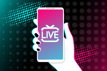 Wall Mural - Hand holds phone. Popular social network on smartphone screen. Watch cool videos and stream LIVE videos. Social media addiction. Vector illustration in flat design.