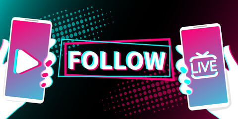 Wall Mural - Phones in hand. Popular social network on smartphone screen. Watch cool videos and follow. Social media addiction. Vector illustration in flat design.