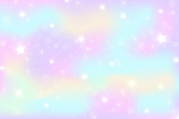 Wall Mural - rainbow fantasy background. holographic illustration in pastel colors. multicolored sky with stars a