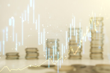 Poster - Multi exposure of virtual abstract financial graph interface on coins background, financial and trading concept