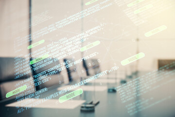 Aufkleber - Multi exposure of abstract creative coding sketch on a modern conference room background, artificial intelligence and neural networks concept
