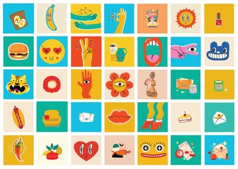 Sticker - Big Set of Different colored Vector illustartions for posters in Cartoon Flat design. Hand drawn Abstract shapes, faces, different texture, greek elements, funny Comic characters.