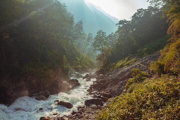 Mountain landscape Himalayas. rivers and jungle Nepal. mountain meditation 