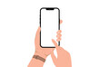 Hand holding smartphone mockup, mobile phone flat vector illustration