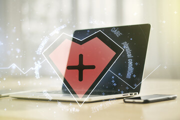 Poster - Creative abstract heart rate sketch on modern laptop background, Medicine and healthcare concept. Multiexposure