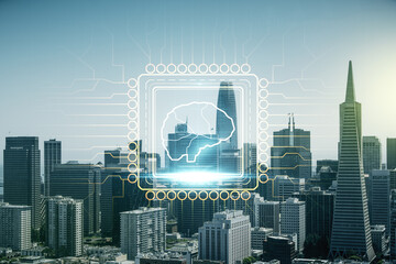 Poster - Double exposure of creative human brain microcircuit hologram on San Francisco office buildings background. Future technology and AI concept