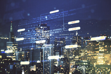 Poster - Double exposure of abstract programming language interface on San Francisco city skyscrapers background, research and development concept