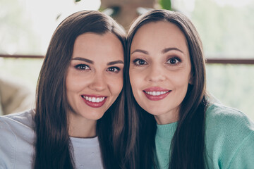 Sticker - Photo of positive cheerful sincere two people beaming smile wear casual outfit in comfortable home indoors