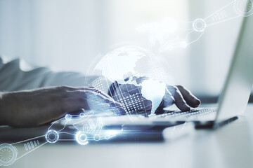 Aufkleber - Creative abstract robotics technology hologram with globe and hands typing on computer keyboard on background, artificial intelligence and machine learning concept. Multi exposure