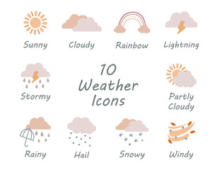 Wall Mural - vector weather icons collection in boho style. hand drawn cute weather elements. meteorology symbols