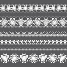 Lace Pattern Floral Elements. Vintage Seamless Figured Lace Borders, Vector Wedding Lace Decoration. Seamless White Gorgeous Stripe, Delicate Simple Pattern Lase Flowers