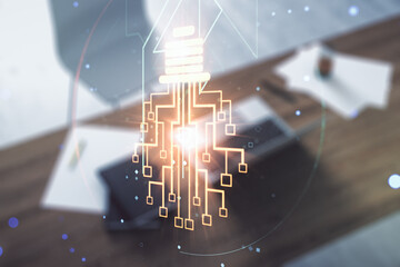 Aufkleber - Creative light bulb with chip hologram and modern desk with computer on background, artificial Intelligence and neural networks concept. Multiexposure