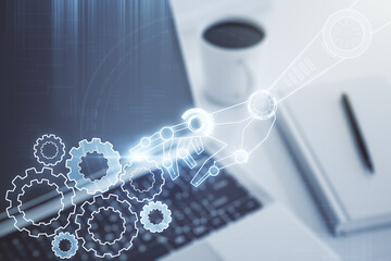 Aufkleber - Creative abstract robotics technology hologram on modern computer background, artificial intelligence and machine learning concept. Multi exposure