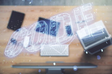 Poster - Creative Code word sign on modern computer background, international software development concept. Multiexposure