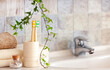Bamboo toothbrushes on Blurred bathroom interior background with sink and faucet.