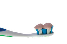 Close Up View Of Toothbrush With Toothpaste Isolated On White Background. Sweden.