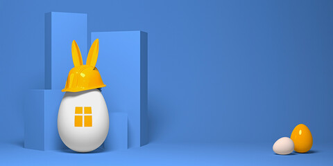 Yellow protective helmet with rabbit ears and an egg colored as a symbolic house. Creative Easter template for a construction, architectural or a real estate company. 