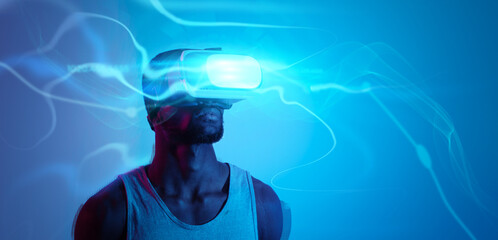 Poster - Modern entertainment concept. Creative collage in blue neon colors of african american man in VR headset