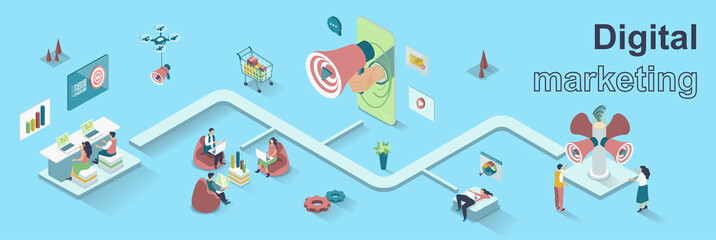 Poster - Digital marketing concept 3d isometric web banner. People making market research, analyze data, develop promotion strategy and advertise. Vector illustration for landing page and web template design