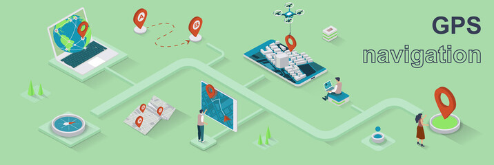 Fototapete - GPS navigation concept 3d isometric web banner. People use online maps and applications with geolocation tracking technology on route. Vector illustration for landing page and web template design