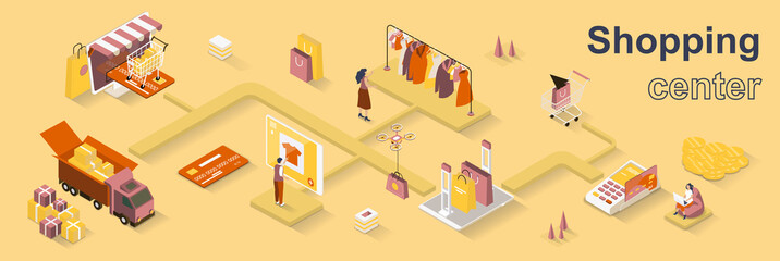 Wall Mural - Shopping center concept 3d isometric web banner. People choose clothes in store or make purchases online, pay and use delivery service. Vector illustration for landing page and web template design