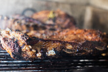 Closeup Asado Of Meat On The Grill Argentina Stake In
