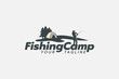 © cahiwak - fishing camp logo with a combination of lake or river water views, tent, and angler.