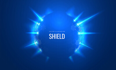 Burst light, effect bubble circle shield in futuristic style vector illustration on a blue background. Dome geometric in the form of an energy shield in an abstract glowing style. Template concept