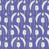 Fototapeta Boho - Vintage seamless pattern with white and black line art tulips flowers and leaves on blue background