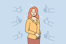 Number Of Hands Showing Thumbs Up To Happy Successful Businesswoman. Smiling Woman Employee Get Recognition And Acknowledgement By Colleagues. Good Feedback. Vector Illustration. 
