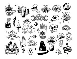 Wall Mural - mystical trippy isolated cliparts bundle, goblincore aesthetics, mystical toad, black cat, creepy mu