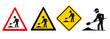 Road work sign. Work in progress icon or pictogram. Roadworks, stickman, stick figure man. Traffic, triangle signboard. Vector icon or pictogram. Work underway or road construction.