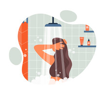 Morning Shower Concept. Young Girl Takes Care Of Herself, Beauty And Hygiene. Daily Procedures And Routine. Graphic Elements For Website, Posters Or Banners. Cartoon Flat Vector Illustration