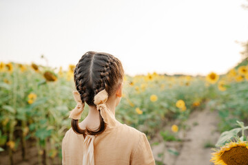 Little ukrainian girl wearing linen mustard dress having hair in two plaits standing in sunflower field and looking ahead. People from behind