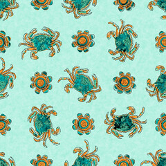  Coral green crab linen wash nautical background. Summer coastal style fabric swatches. Under the sea life tropical crustacean material. 2 tone green reef dyed textile seamless pattern.