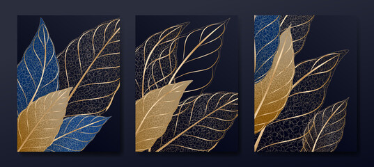 Luxury black and white art background with gold and blue tropical leaves. Stylish botanical design with lines for the interior.