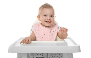 Wall Mural - Cute little baby wearing bib in highchair on white background